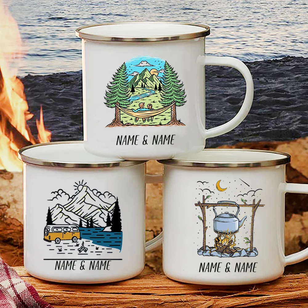 Outdoor Adventure Names - Enamel Mug with Personalized Name for